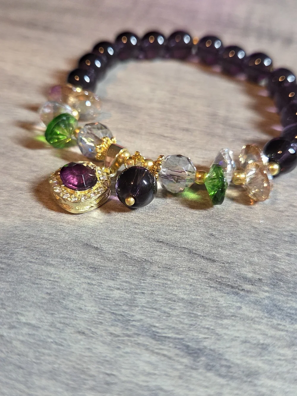 Amethyst Bead Stretch Bracelet with Gold Pavé Charm